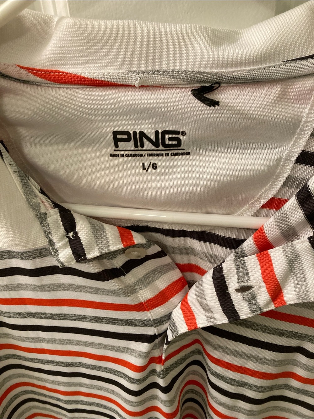 PING White Polo with Red, Black & Gray Stripes